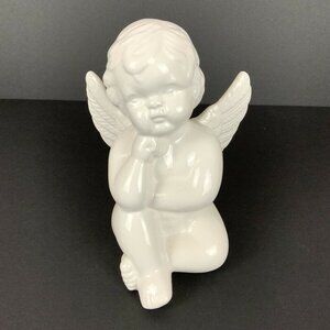 White Glossy Ceramic Angel Cherub Figurine Seated Thinker 6.5 inch Shelf Decor